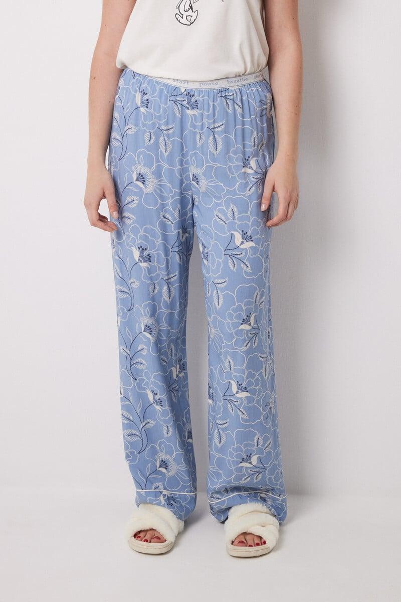Cortefiel Pantalón Largo Estampado Flores Azules