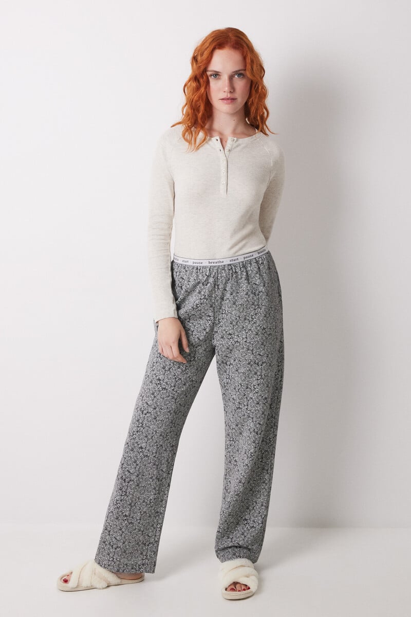 Cortefiel Pantalón largo estampado flores verdes