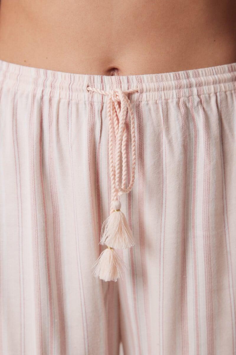 Cortefiel Pantalón Largo Franela Rayas Rosas