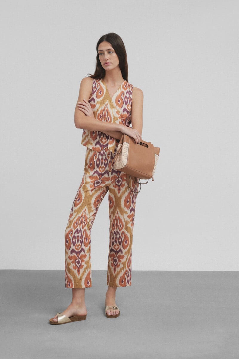 Cortefiel Pantalón lino estampado ikat