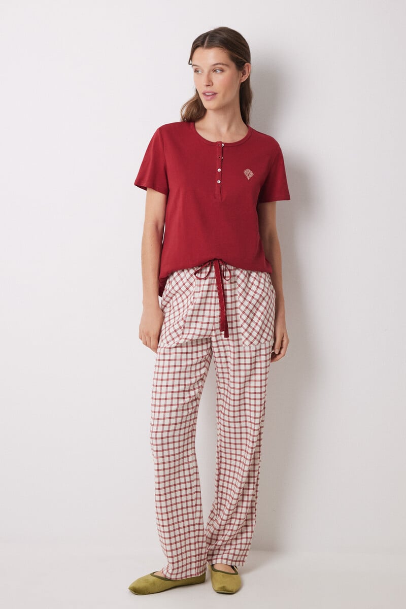 Cortefiel Pantalón pijama cuadros algodón rojo