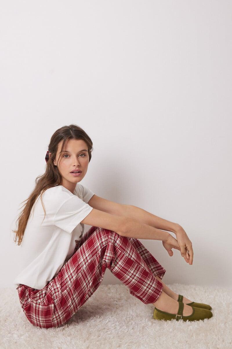 Cortefiel Pantalón pijama cuadros algodón rojo