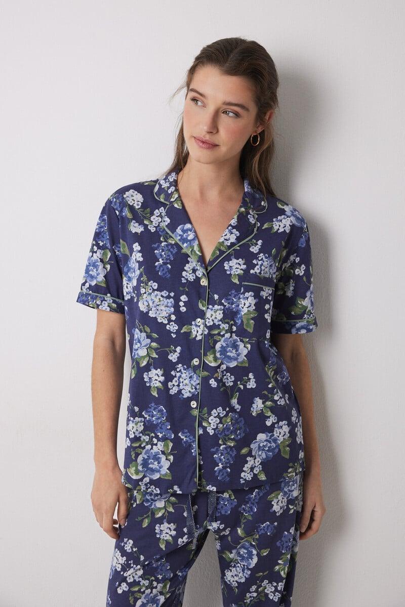 Cortefiel Pijama Camisero 100% Algodón Azul Flores