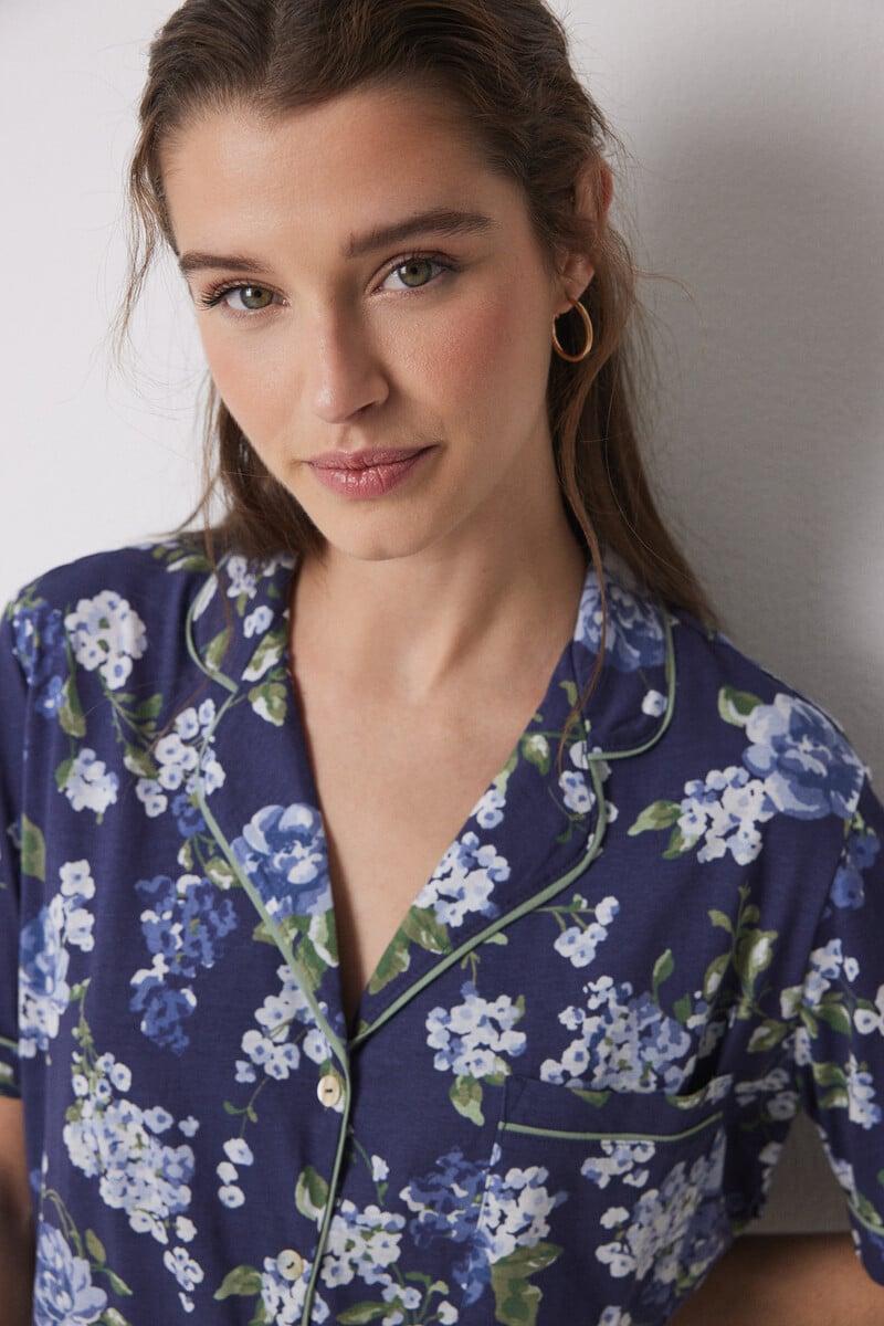 Cortefiel Pijama Camisero 100% Algodón Azul Flores