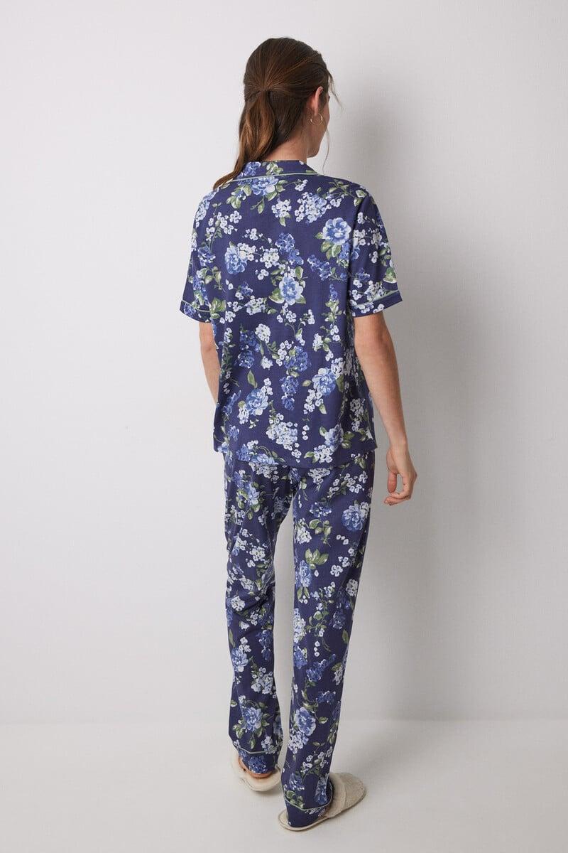 Cortefiel Pijama Camisero 100% Algodón Azul Flores