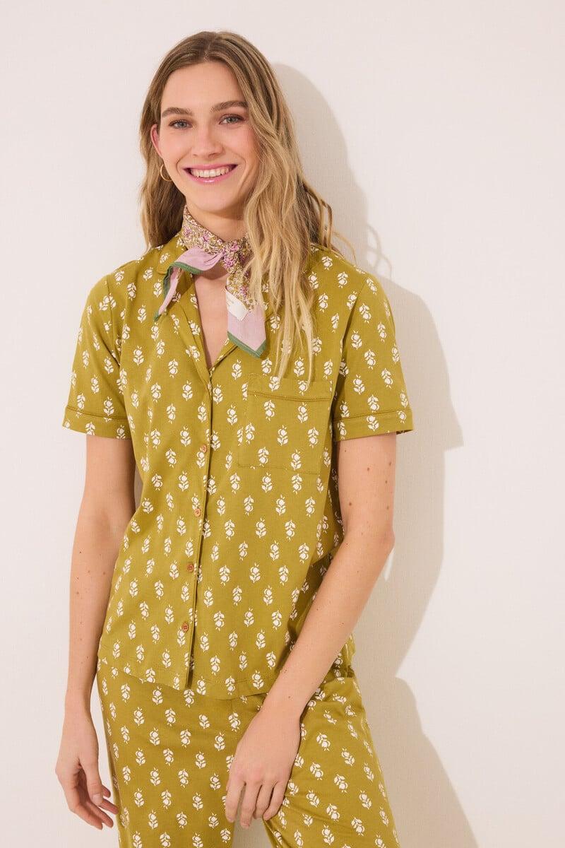 Cortefiel Pijama Camisero 100% Algodón Kaki Sellos