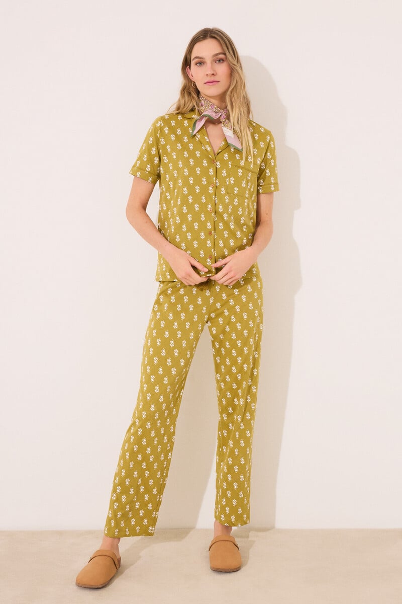 Cortefiel Pijama Camisero 100% Algodón Kaki Sellos