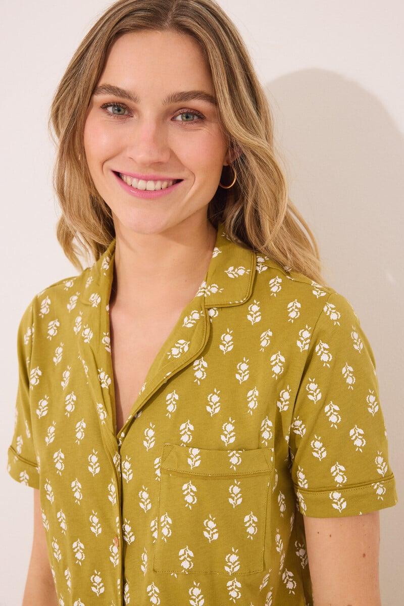 Cortefiel Pijama Camisero 100% Algodón Kaki Sellos