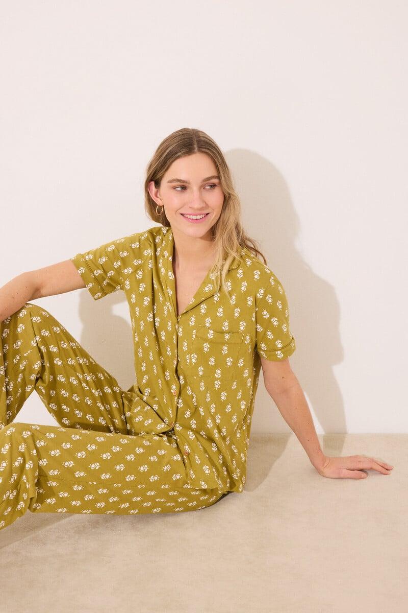 Cortefiel Pijama camisero 100% algodón kaki sellos