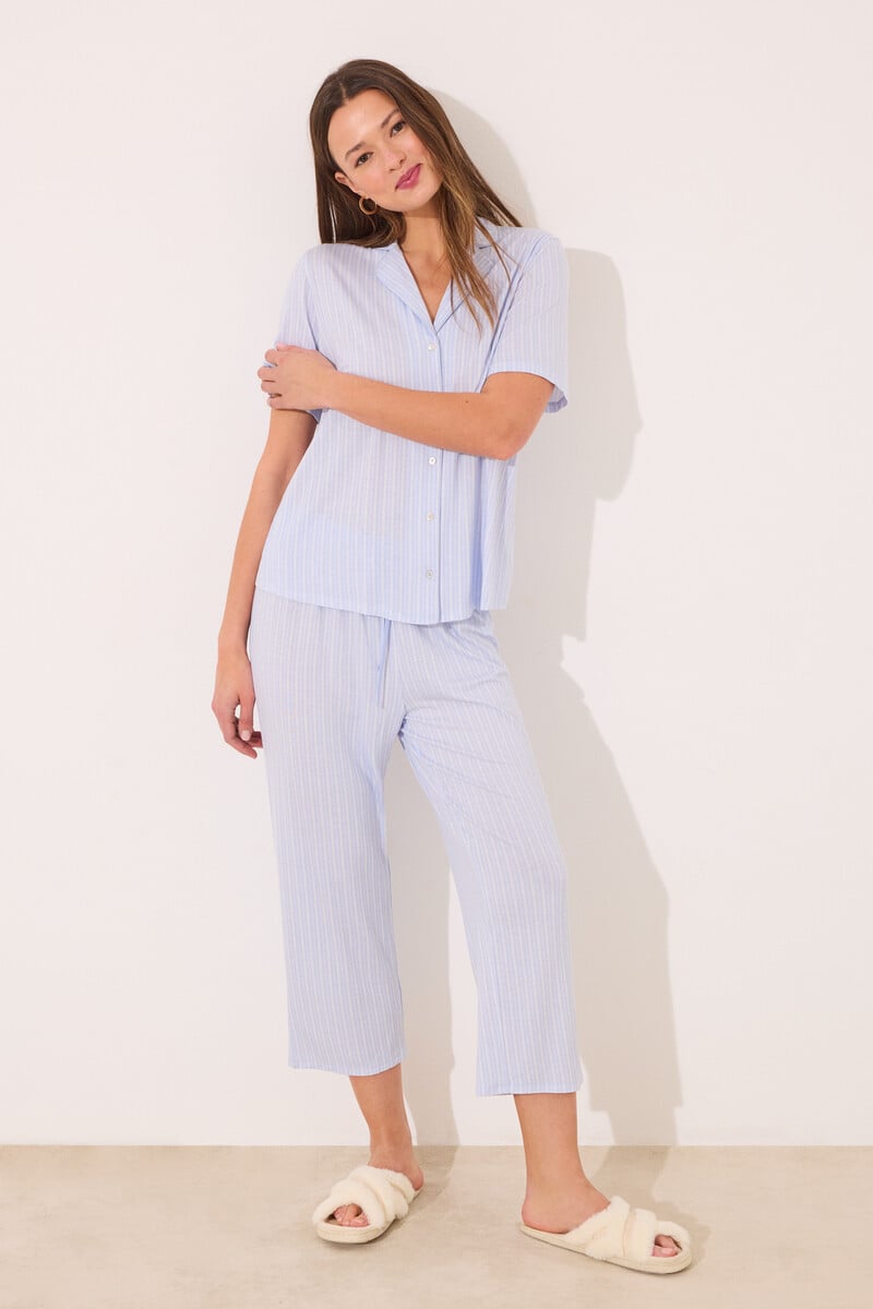 Cortefiel Pijama camisero Capri viscosa azul rayas