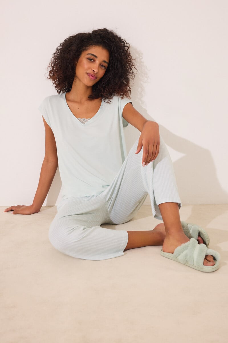 Cortefiel Pijama Capri Viscosa Verde Rayas
