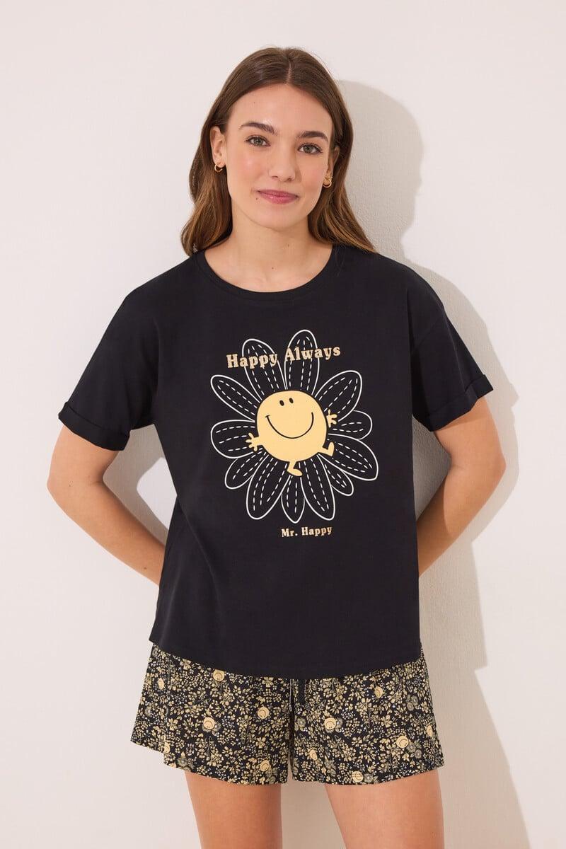 Cortefiel Pijama Corto Algodón Smiley Negro