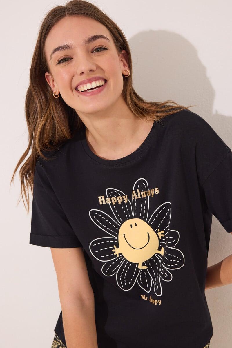 Cortefiel Pijama Corto Algodón Smiley Negro