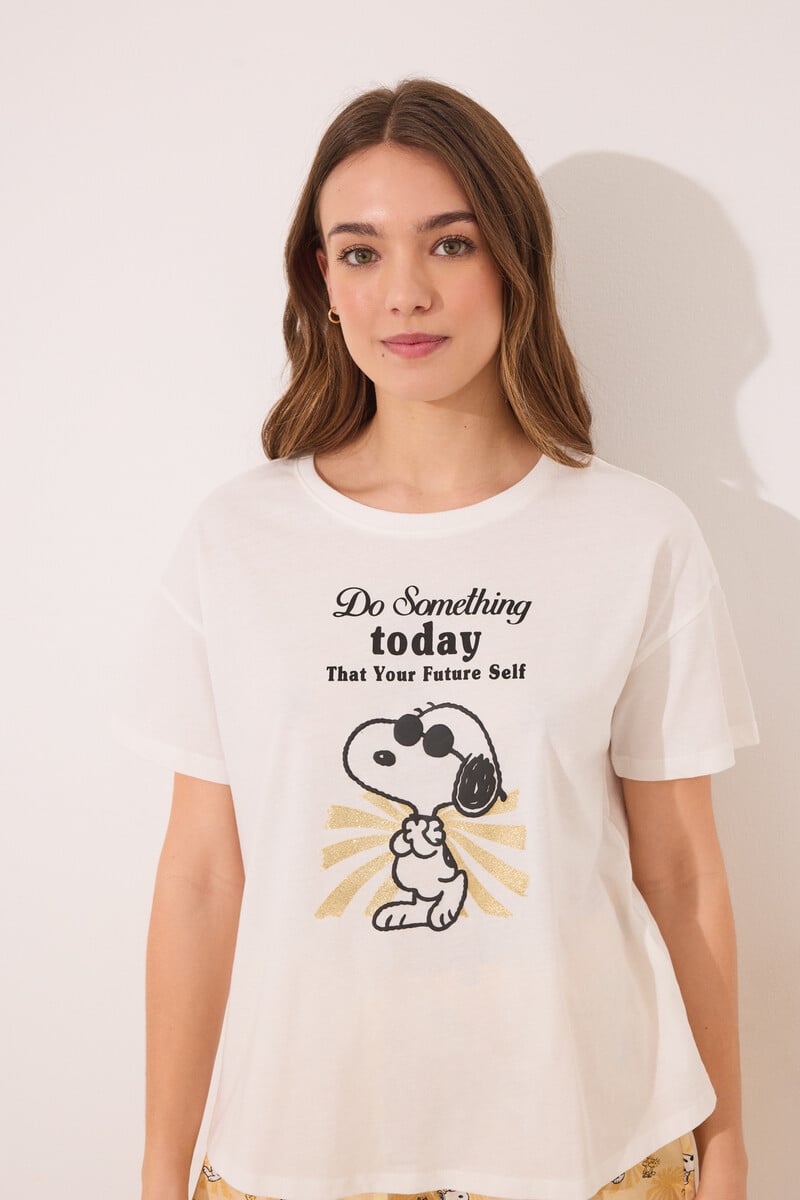 Cortefiel Pijama Corto Algodón Snoopy Marfil
