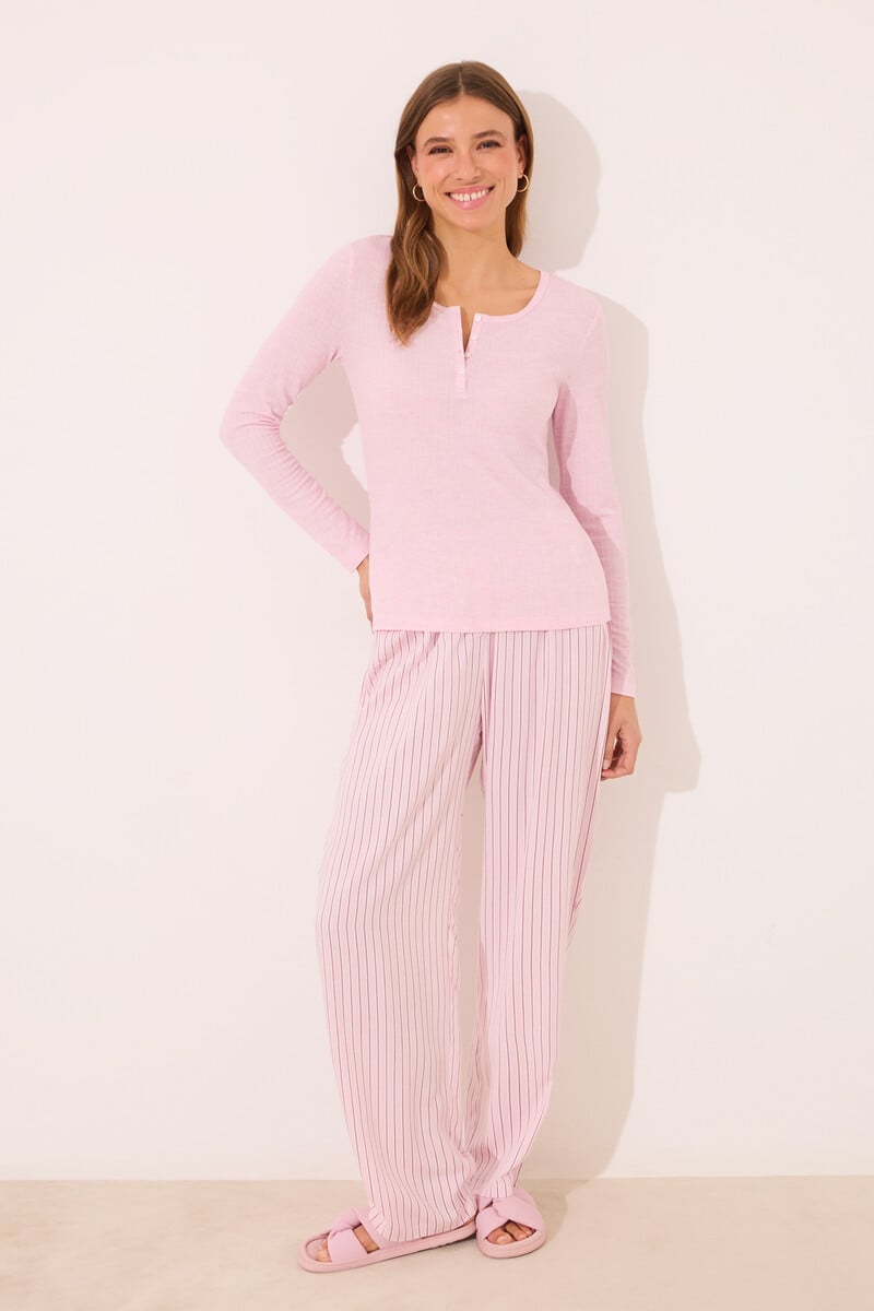 Cortefiel Pijama Largo Viscosa Canalé Rosa Rayas