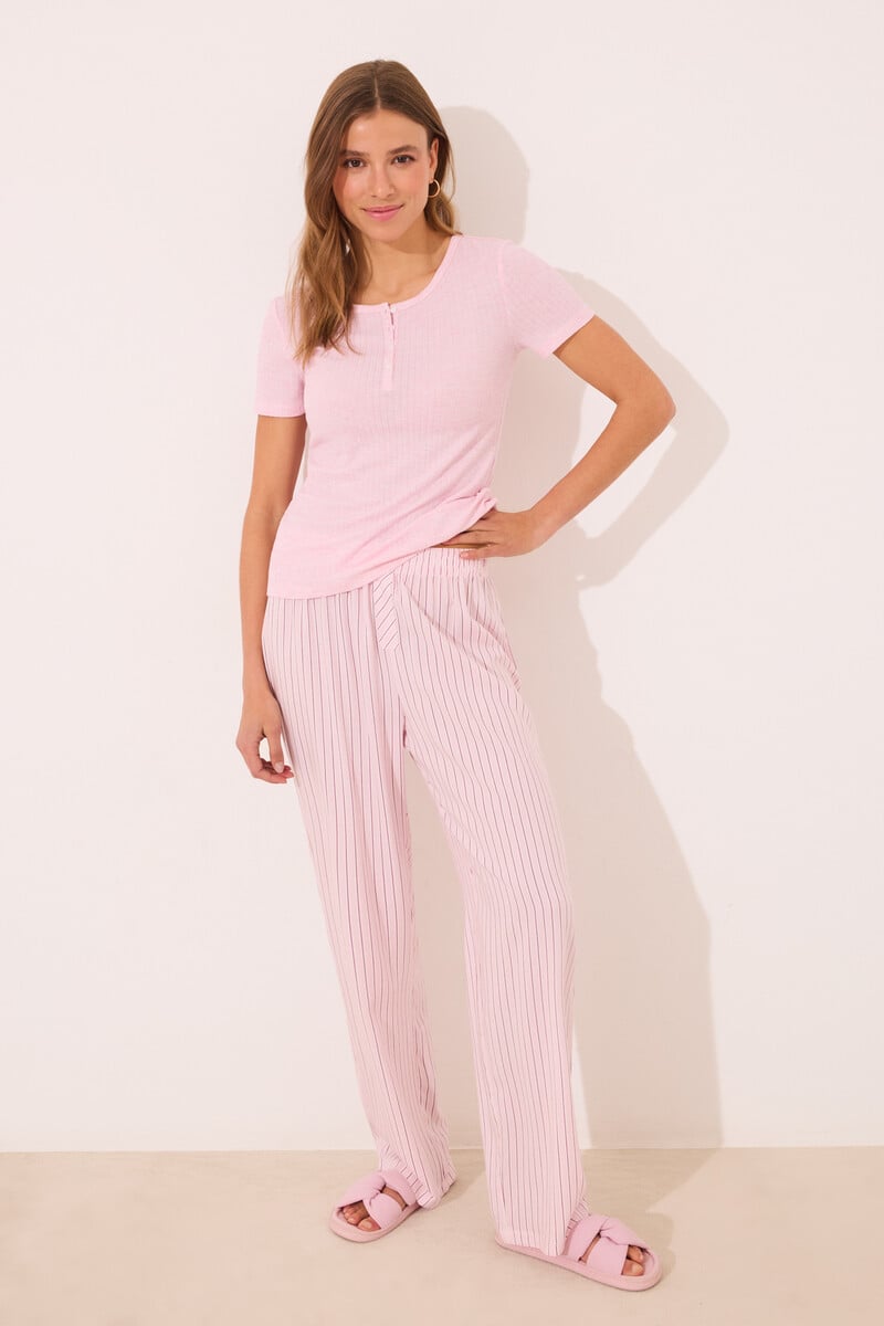 Cortefiel Pijama viscosa canalé rosa rayas
