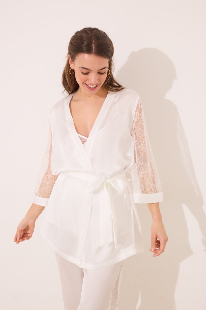 Cortefiel Set Pijama Largo Satén Y Encaje Blanco