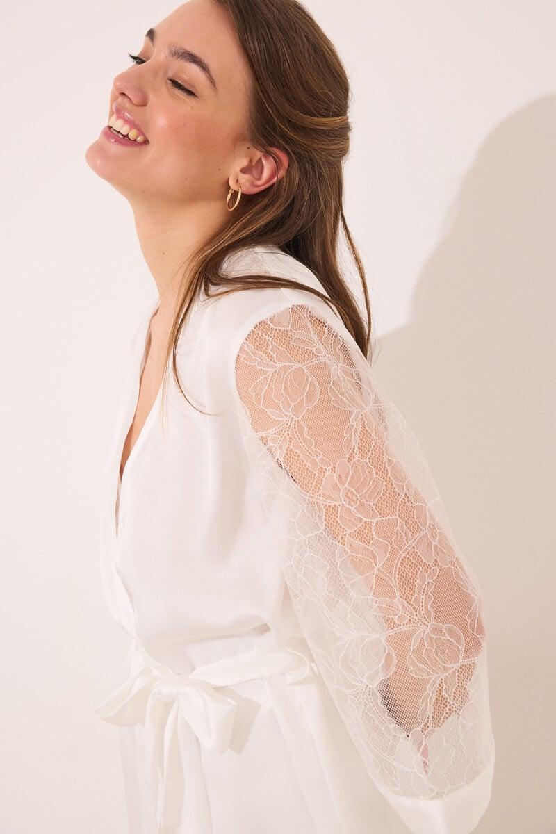 Cortefiel Set Pijama Largo Satén Y Encaje Blanco