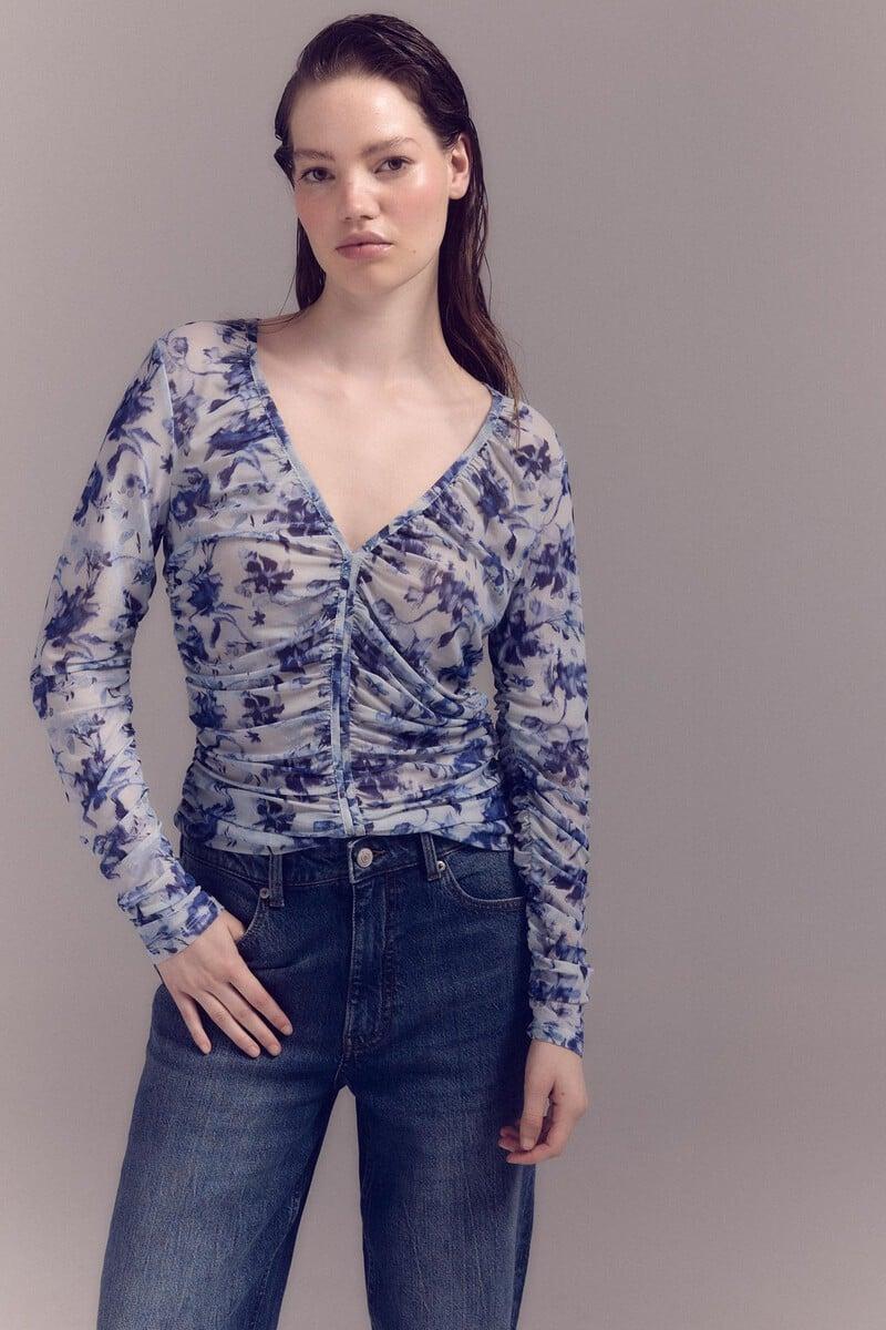 Cortefiel Top de tul estampado fruncido