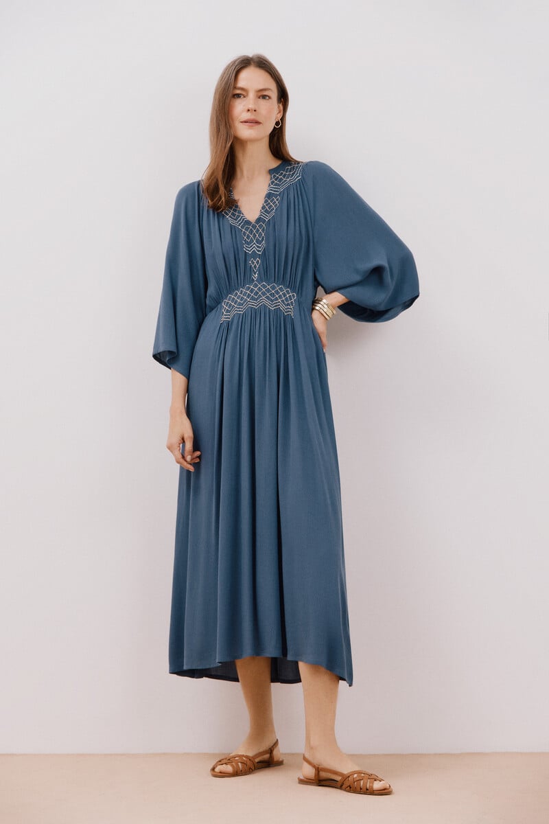 Cortefiel Vestido Azul Bordado