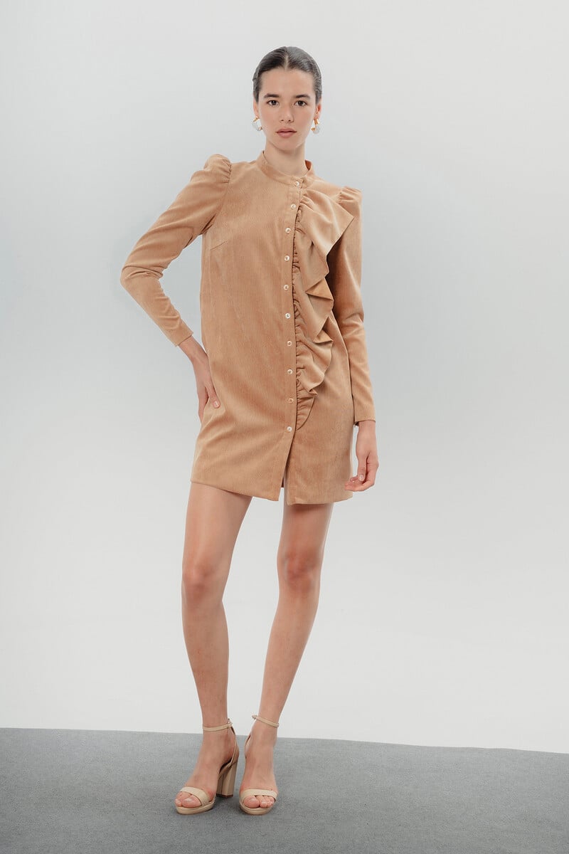 Cortefiel Vestido Corto Con Volantes Camel