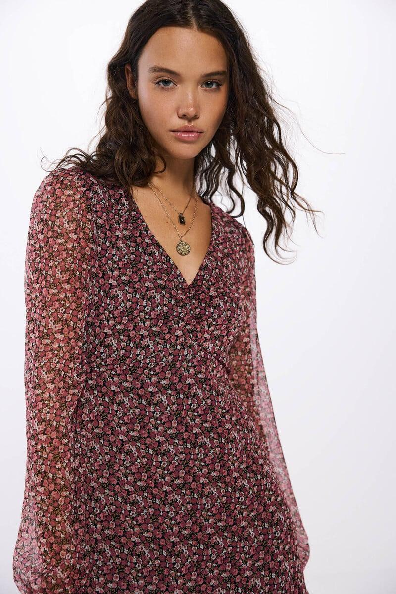 Cortefiel Vestido Corto Escote Frunces Estampado