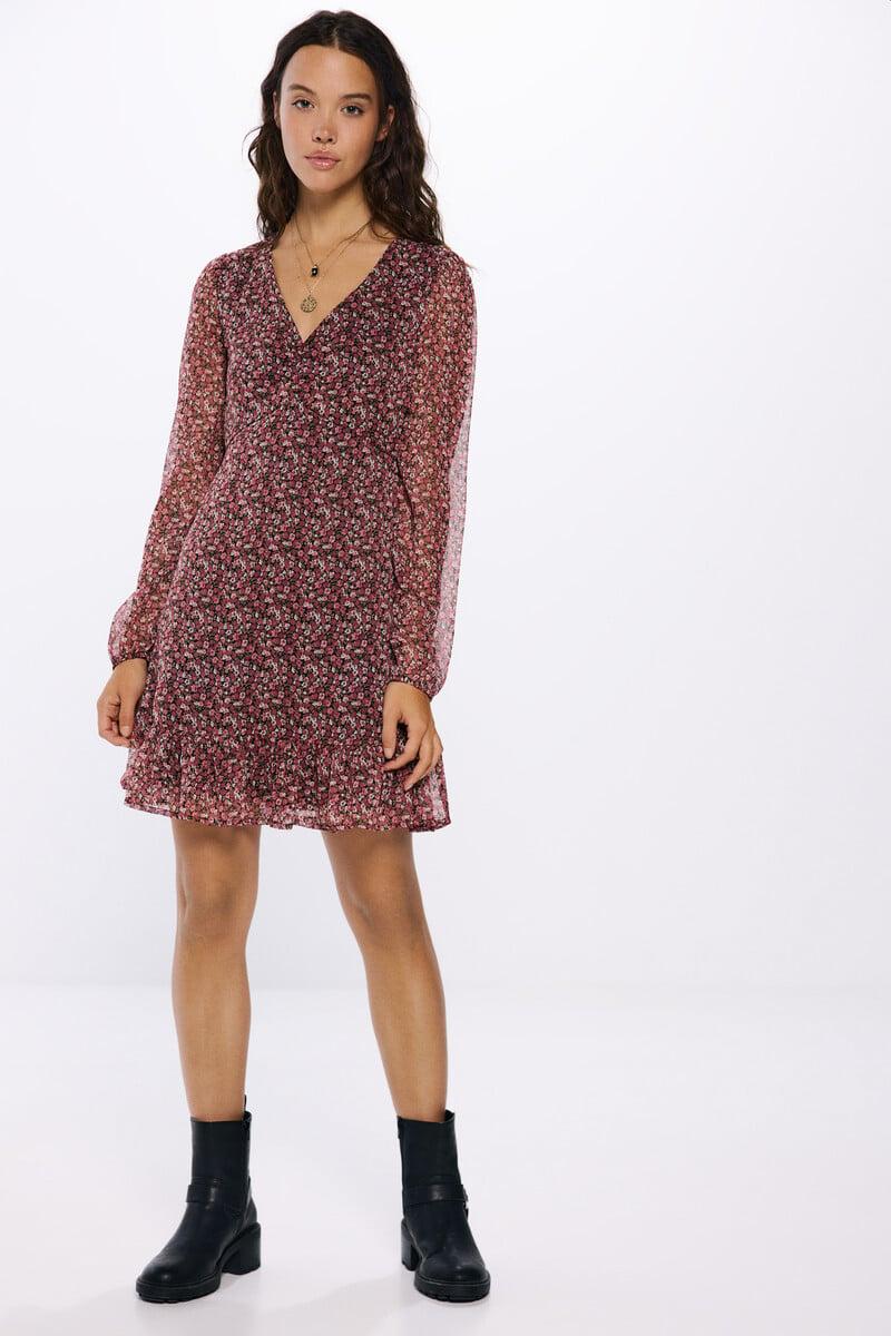 Cortefiel Vestido Corto Escote Frunces Estampado