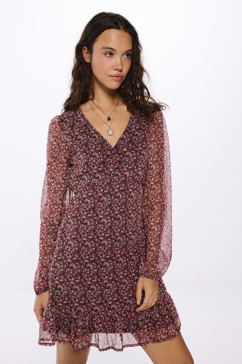 Cortefiel Vestido Corto Escote Frunces Estampado