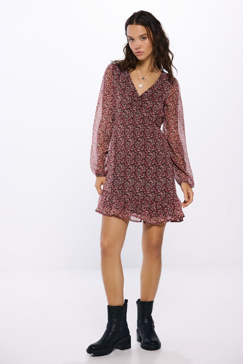 Cortefiel Vestido corto escote frunces estampado