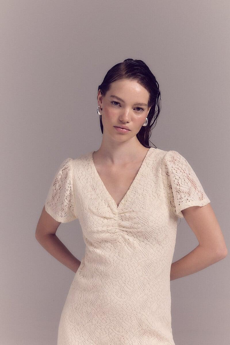 Cortefiel Vestido Encaje Crudo