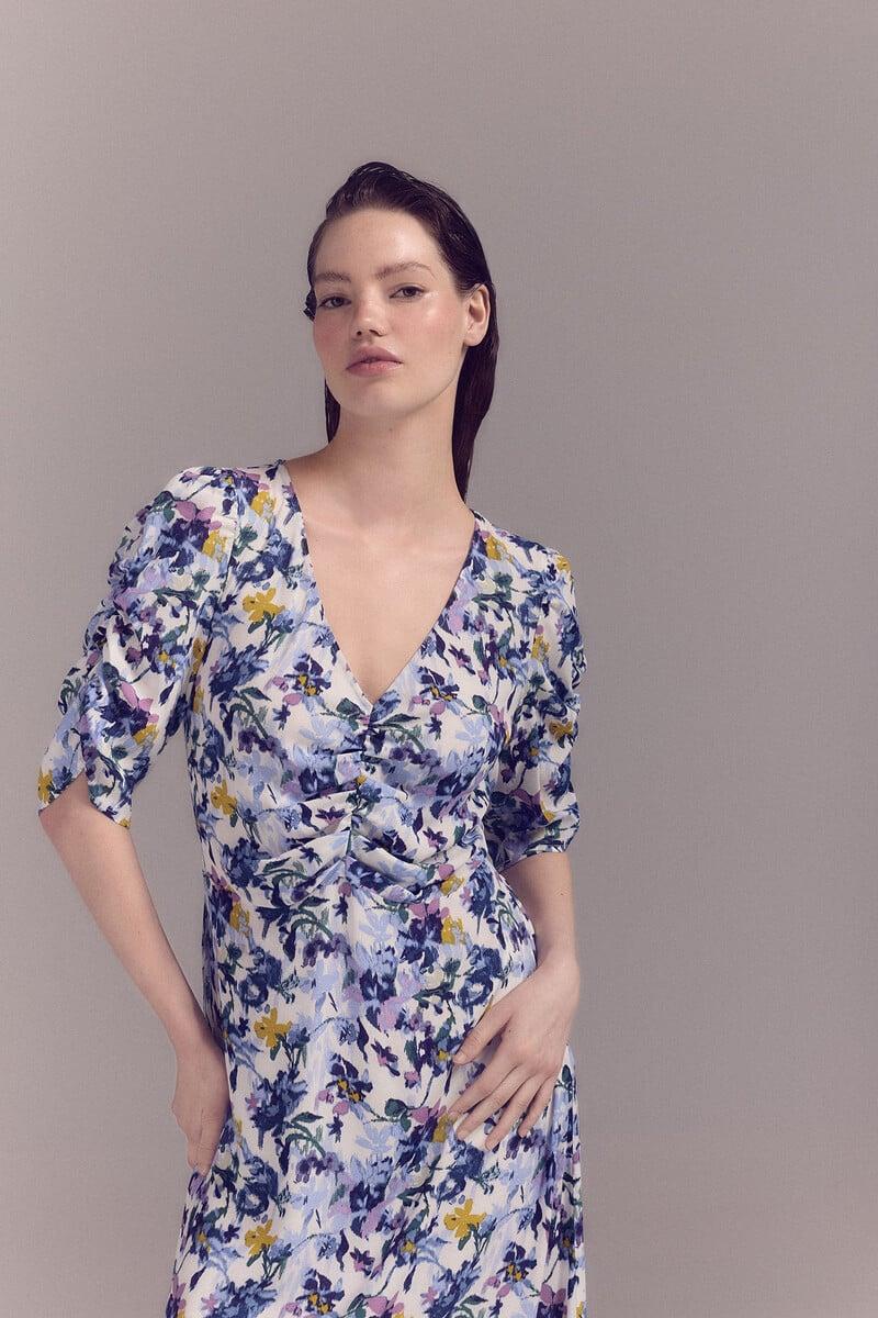 Cortefiel Vestido Estampado Detalle Fruncido