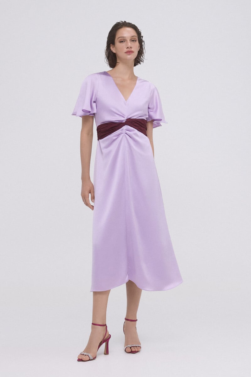 Cortefiel Vestido Frunces Con Lazo Contraste