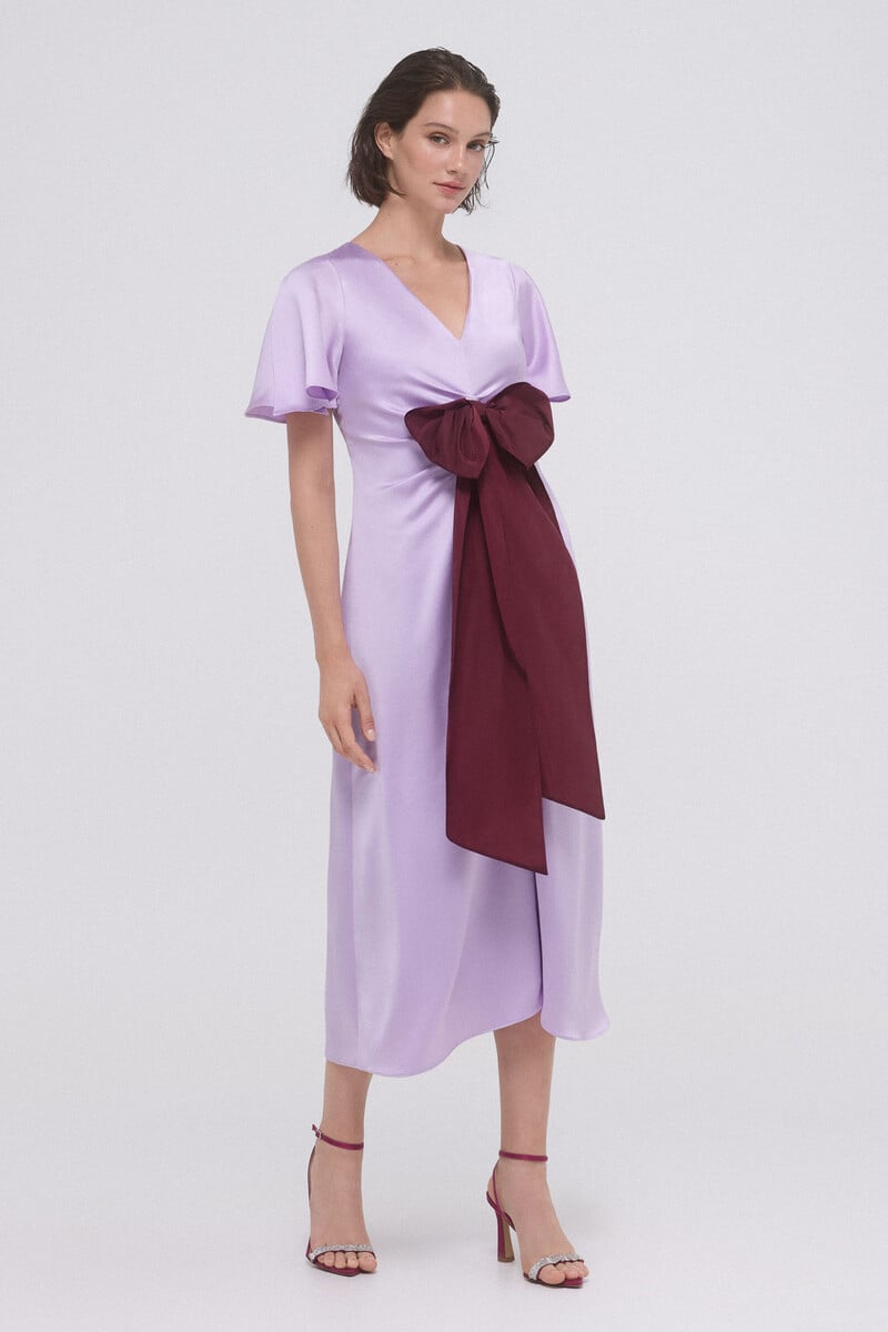 Cortefiel Vestido Frunces Con Lazo Contraste