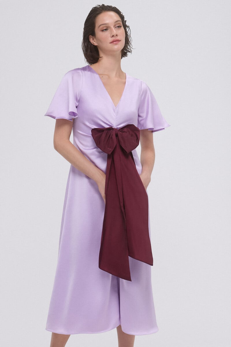 Cortefiel Vestido Frunces Con Lazo Contraste