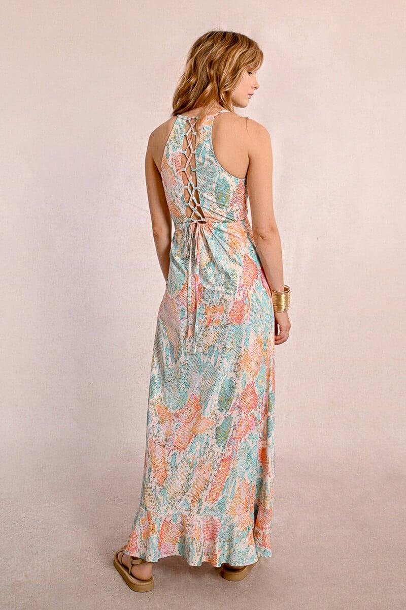 Cortefiel Vestido Largo Con Estampado Y Volantes