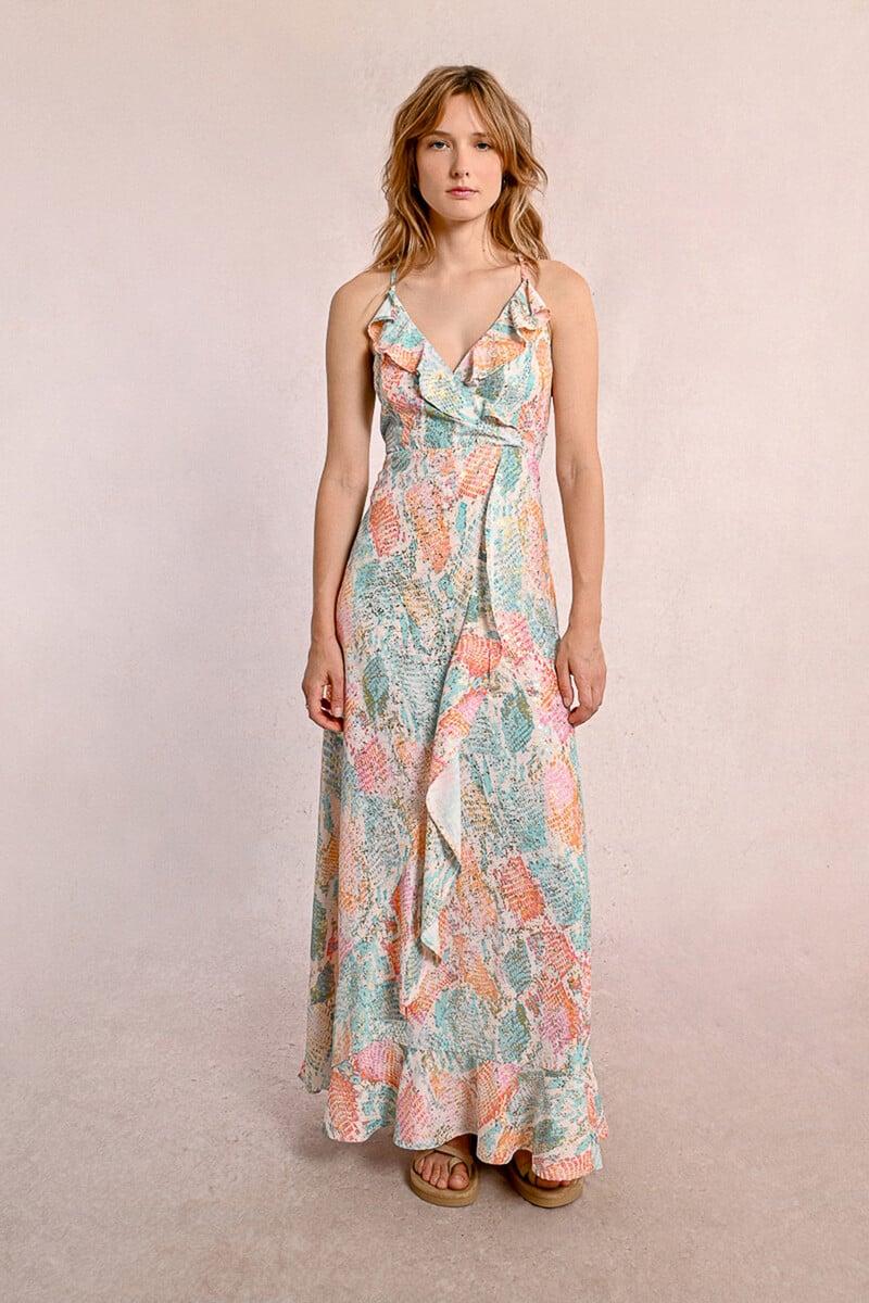 Cortefiel Vestido Largo Con Estampado Y Volantes