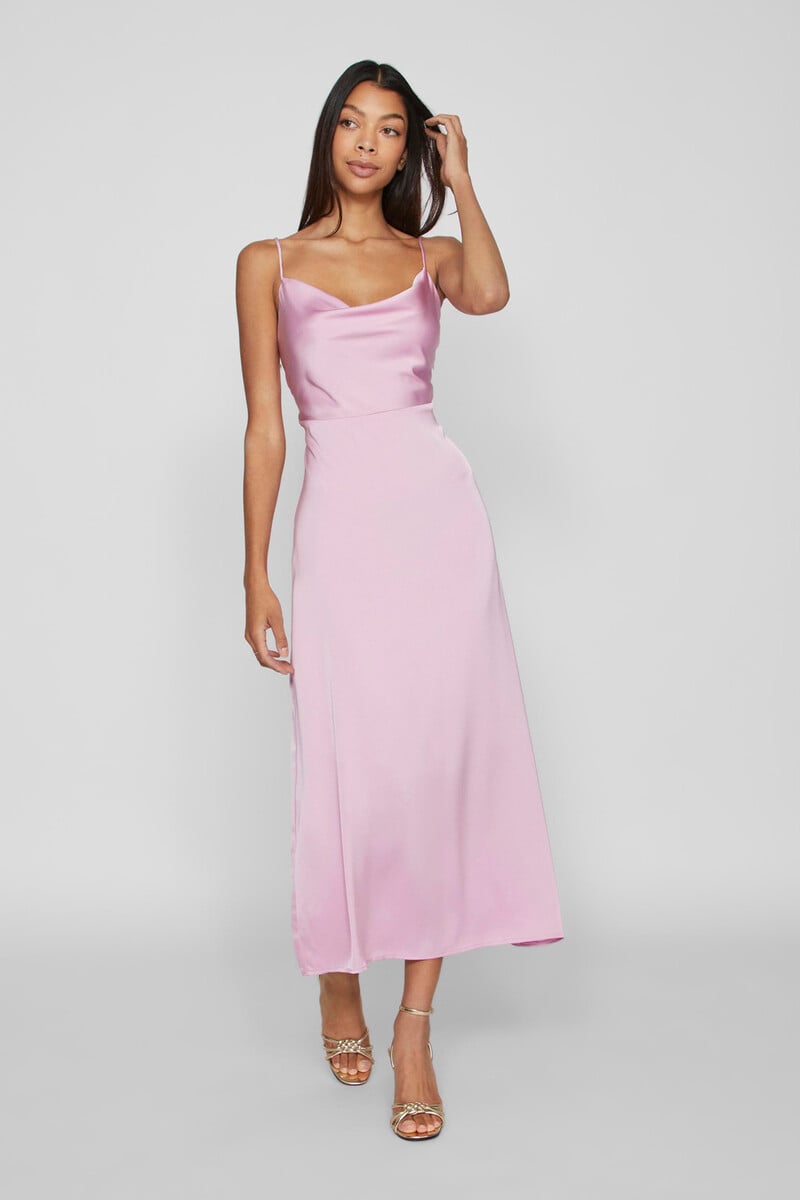 Cortefiel Vestido Largo Satinado Escote Drapeado