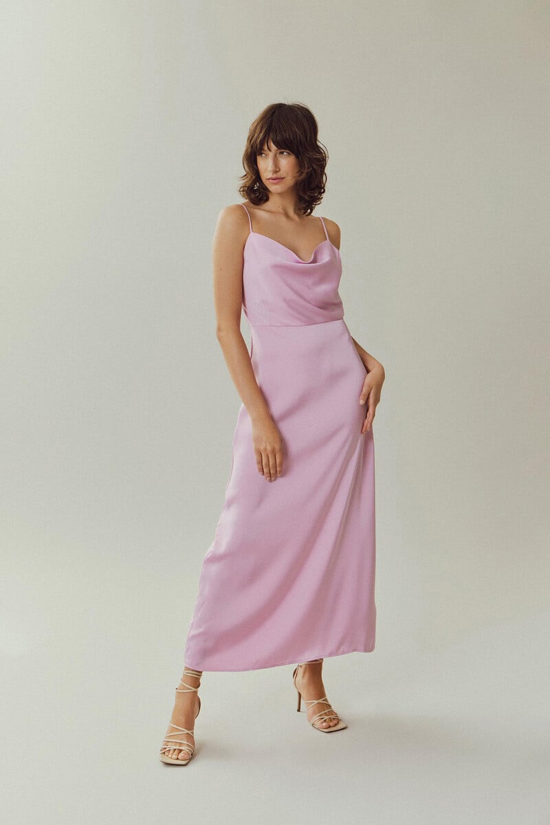 Cortefiel Vestido largo satinado escote drapeado