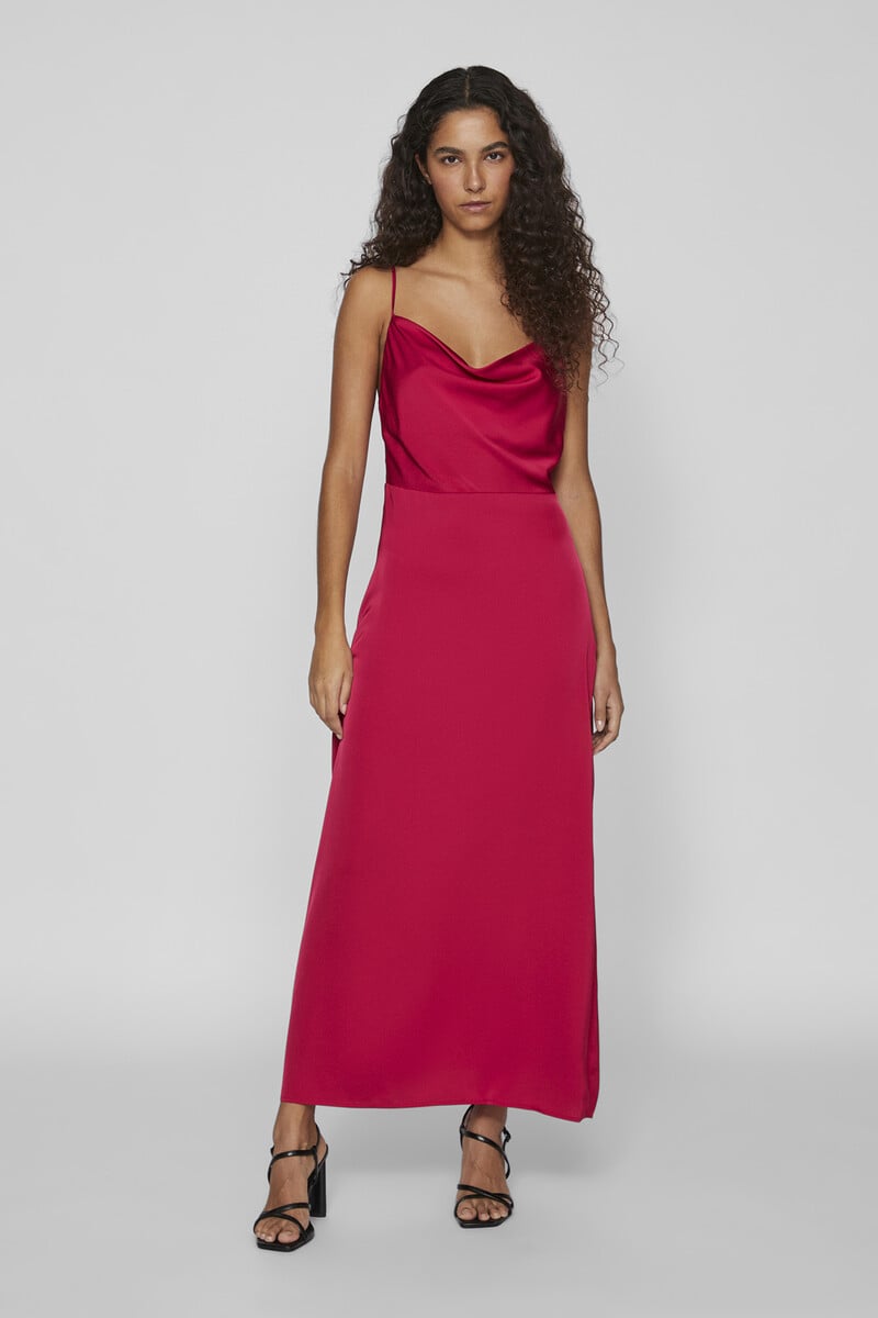 Cortefiel Vestido Largo Satinado Escote Drapeado