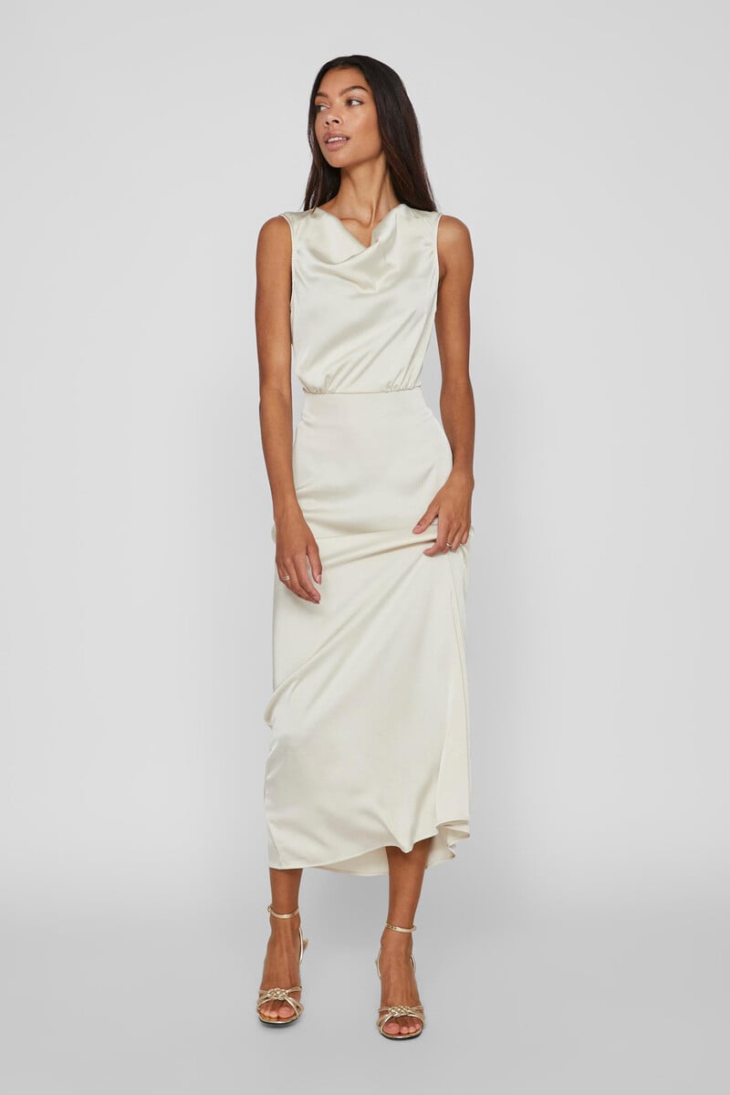 Cortefiel Vestido Largo Satinado Escote Drapeado