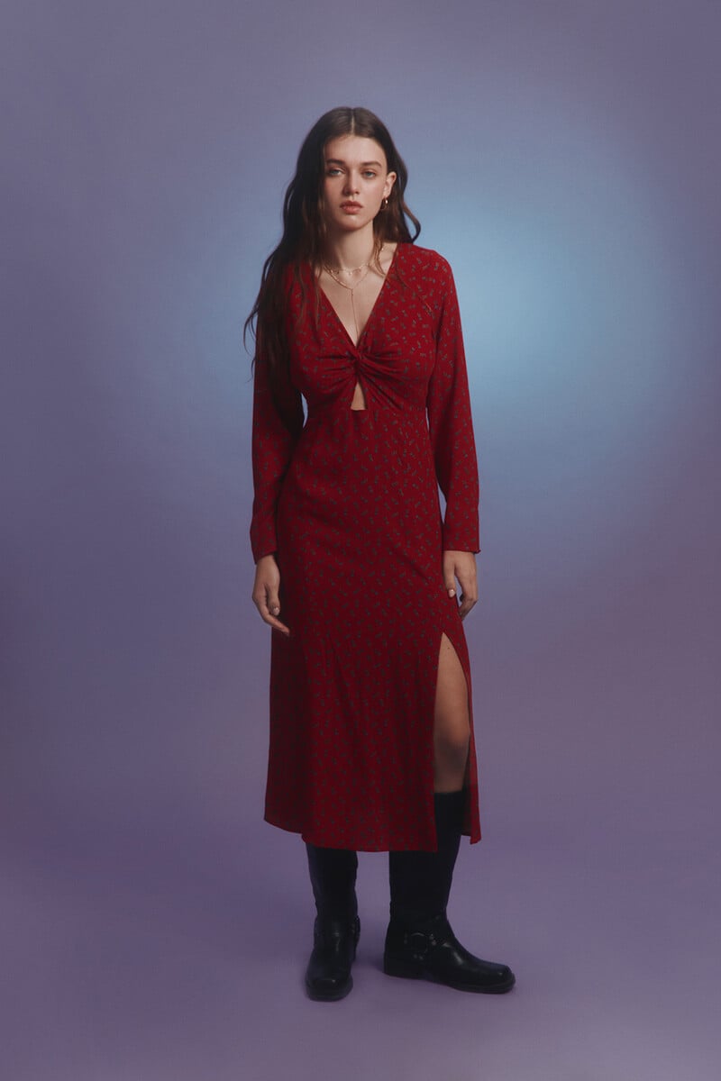 Cortefiel Vestido Midi Escote Nudo Estampado