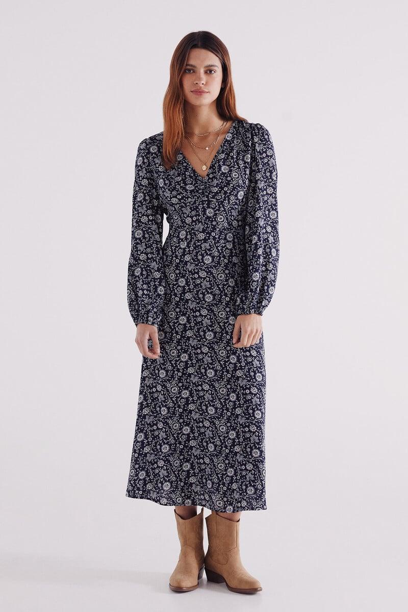 Cortefiel Vestido midi frunce escote