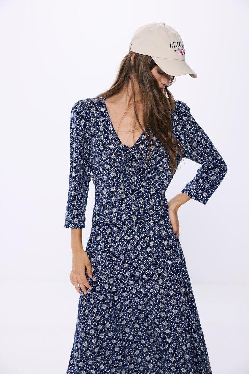 Cortefiel Vestido Midi Nudo Escote Estampado