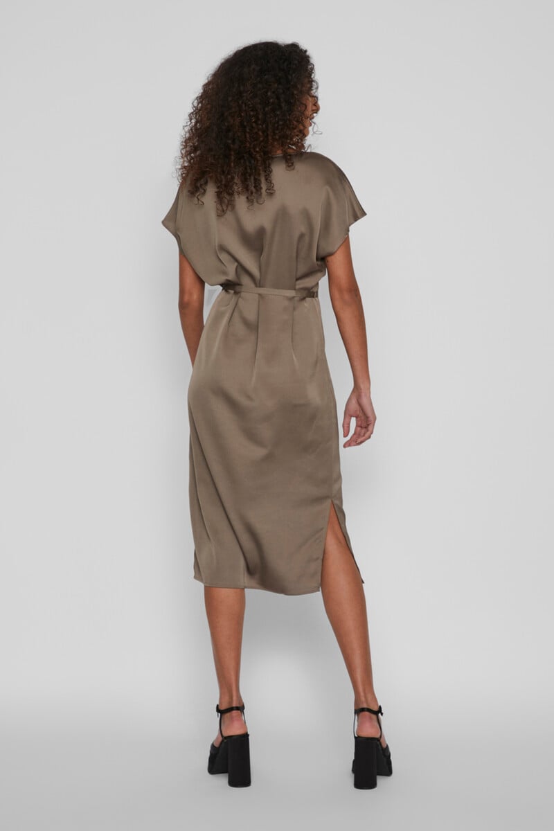 Cortefiel Vestido Midi Satinado De Manga Corta