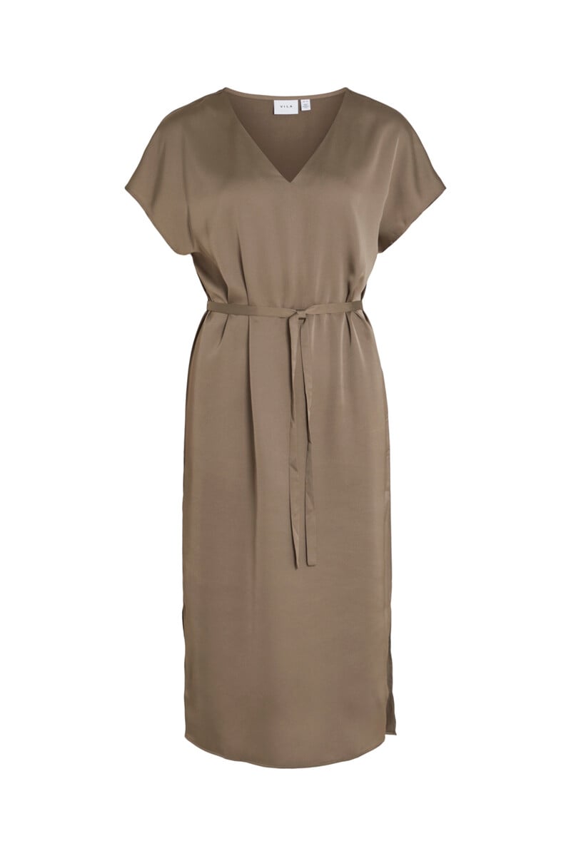 Cortefiel Vestido Midi Satinado De Manga Corta