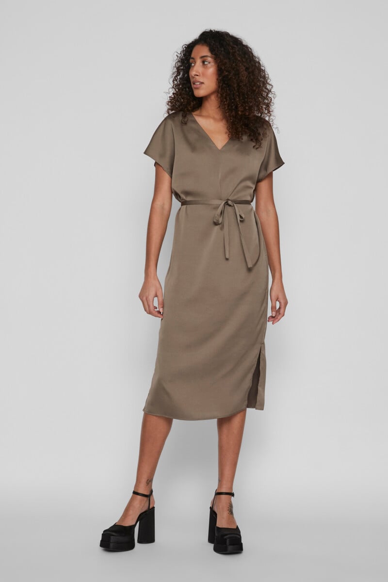 Cortefiel Vestido midi satinado de manga corta