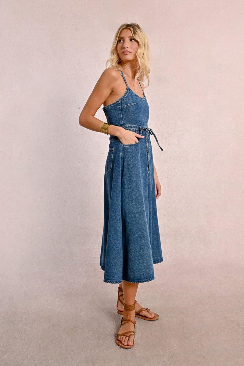 Cortefiel Vestido vaquero midi de tirantes