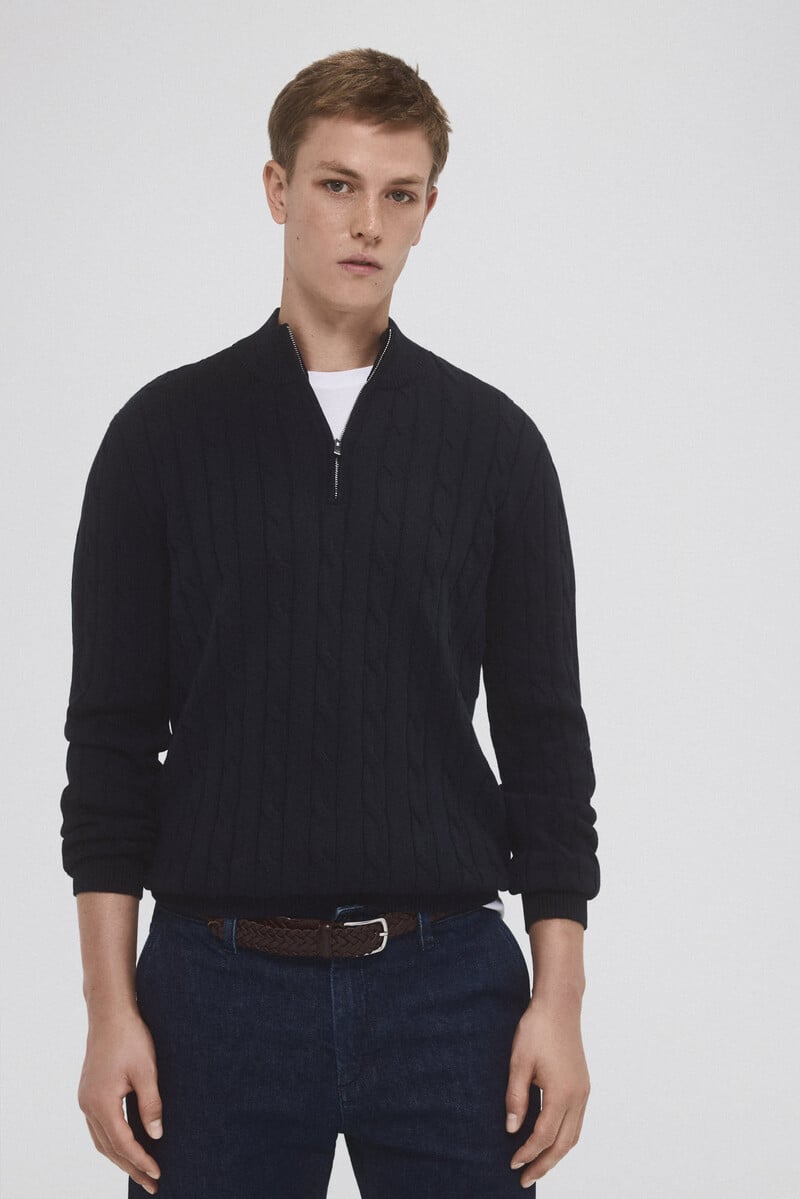 Cortefiel Jersey Algodón Premium Cables Cuello Alto