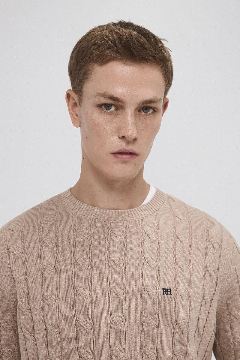 Cortefiel Jersey Algodón Premium Cables Cuello Redondo