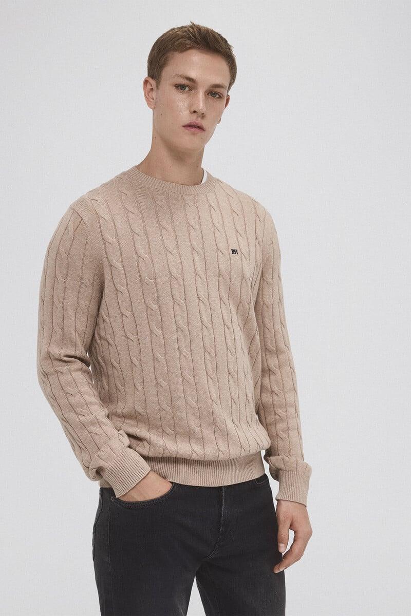Cortefiel Jersey Algodón Premium Cables Cuello Redondo
